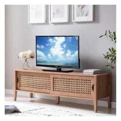 Meuble TV avec 2 Portes Coulissantes Décor Rotin en bois Beige