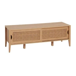 Meuble TV avec 2 Portes Coulissantes Décor Rotin en bois Beige