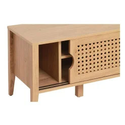 Meuble TV avec 2 Portes Coulissantes Décor Rotin en bois Beige