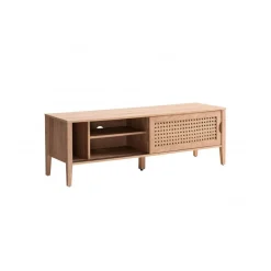 Meuble TV avec 2 Portes Coulissantes Décor Rotin en bois Beige