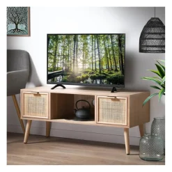 Meuble TV avec 2 Tiroirs Façades Rotin en bois Beige