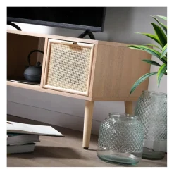 Meuble TV avec 2 Tiroirs Façades Rotin en bois Beige