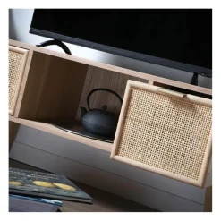 Meuble TV avec 2 Tiroirs Façades Rotin en bois Beige