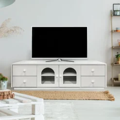 Meuble tv avec portes et tiroirs style naturel chic Volos Blanc texturé