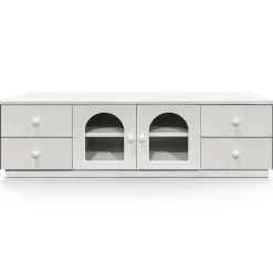 Meuble tv avec portes et tiroirs style naturel chic Volos Blanc texturé