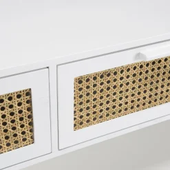 Meuble TV blanc 3 tiroirs cannage naturel