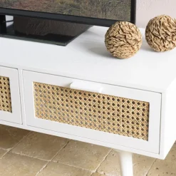 Meuble TV blanc 3 tiroirs cannage naturel