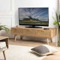 Meuble TV couleur naturel 3 tiroirs cannage - RODRIGO
