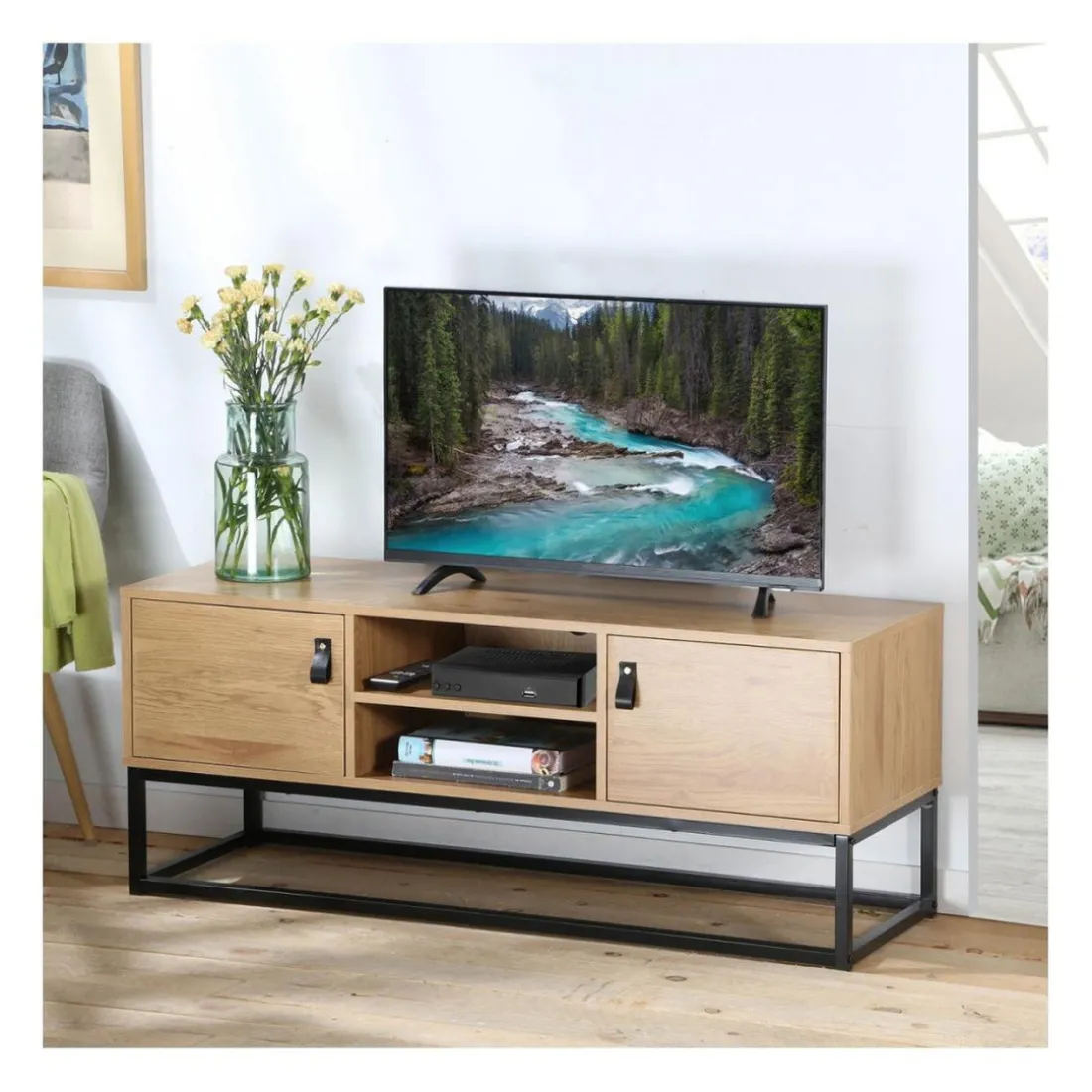 Meuble TV décor chêne 2 portes et niche Centrale en bois Beige