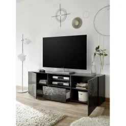 Meuble TV deux portes et 1 tiroir MIRO laqué gris brillant