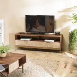 Meuble TV en bois de manguier 2 niches 2 tiroirs ALIX