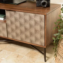 Meuble TV en bois de manguier 2 portes 1 tiroir motifs ethniques ALIX