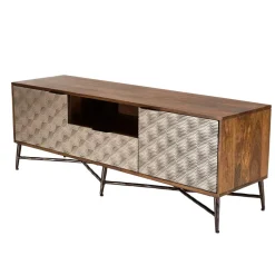 Meuble TV en bois de manguier 2 portes 1 tiroir motifs ethniques ALIX