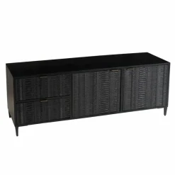 Meuble TV en bois de manguier avec 2 portes et 2 tiroirs sculptés GLORIA noir