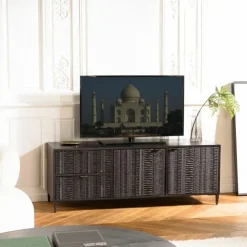Meuble TV en bois de manguier avec 2 portes et 2 tiroirs sculptés GLORIA noir