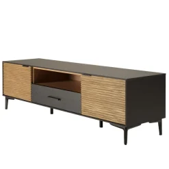 Meuble TV marron, noir 2 p. 1 tiroir 1 niche Pin pieds métal