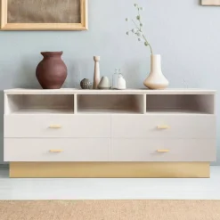 Meuble TV moderne 4 tiroirs Taupe clair et Or