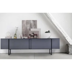 Meuble TV moderne avec 2 portes Valmain L180cm Gris foncé et Métal Noir