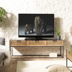 Meuble TV métal 3 tiroirs cannage - DORIA