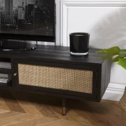 Meuble TV Noir 2 Niches 2 Portes Cannage YANIS