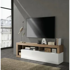 Meuble TV un abattant blanc lacqué brillant bois mercure