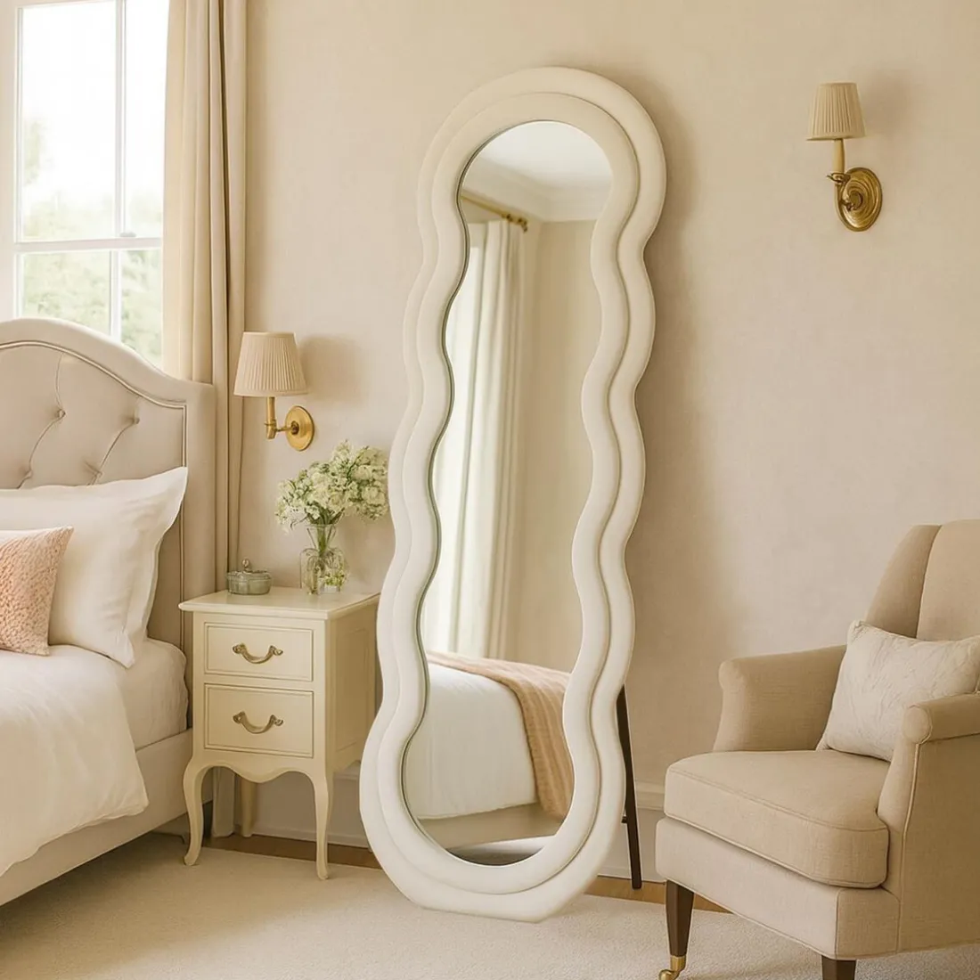 Miroir en pied décoratif design ondulé Andromak Velours Crème