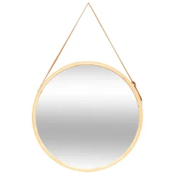 Miroir mural rond avec lanière en cuir