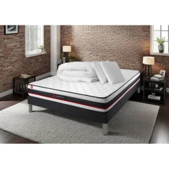 Pack prêt a dormir matelas avec sommier kit noir et 2 oreillers memoire de forme Couette Percale