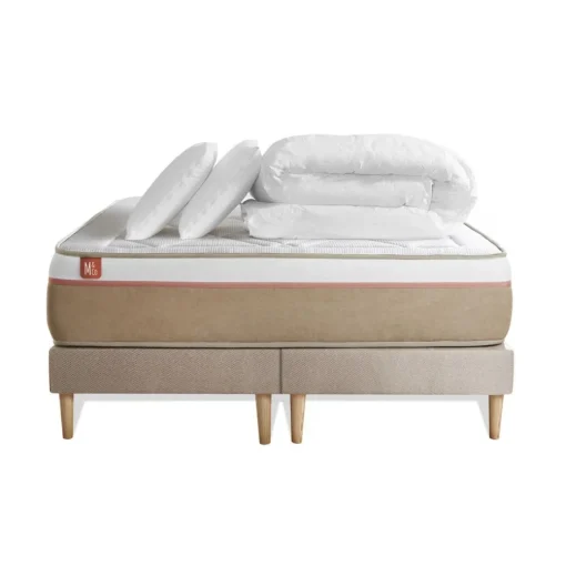 Pack prêt a dormir matelas LE SOYEUX Ressorts ensaches Memoire de forme BioVisco double sommiers Beige