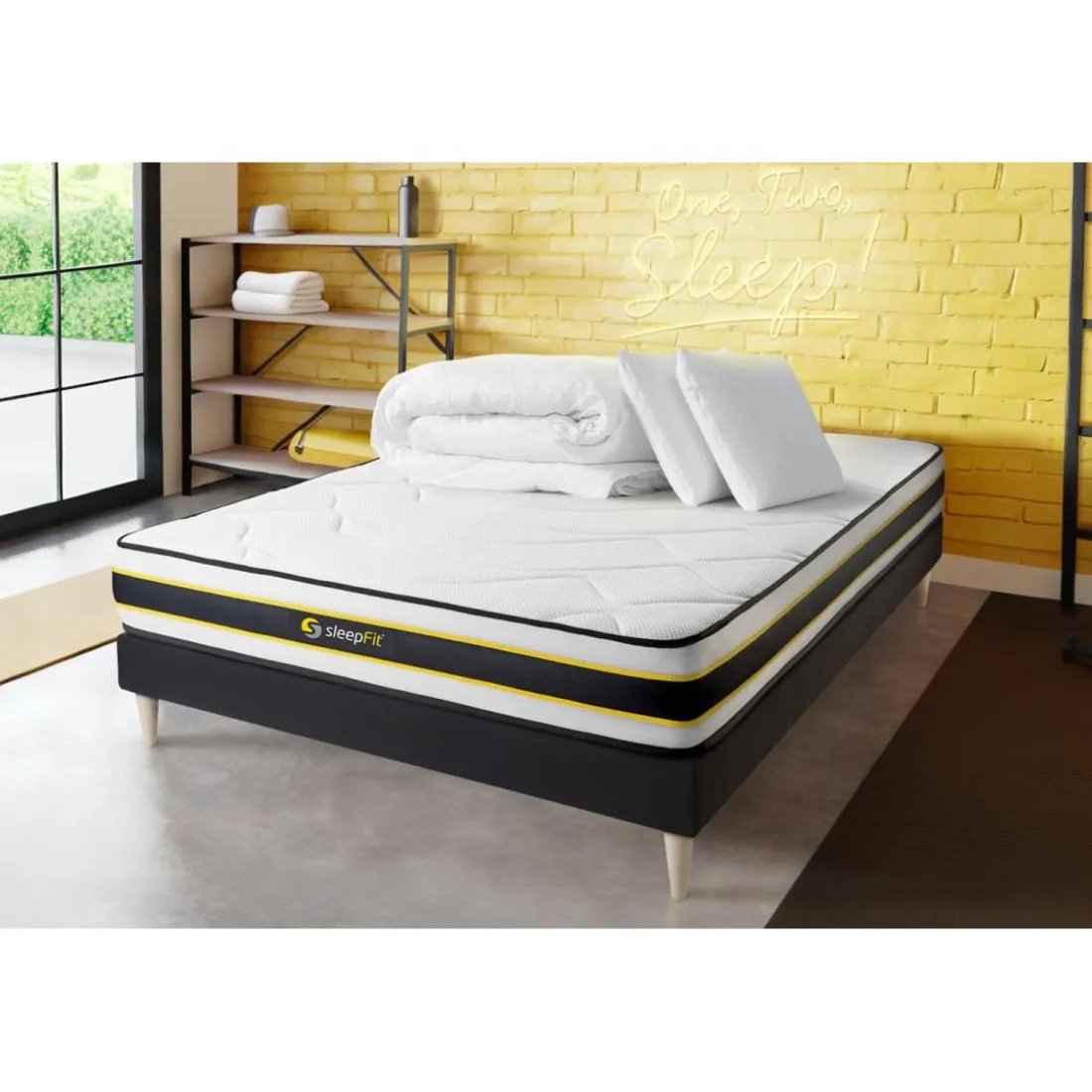 Pack prêt a dormir matelas FLEXY sommier kit noir 2 oreillers memoire de forme et Couette Percale
