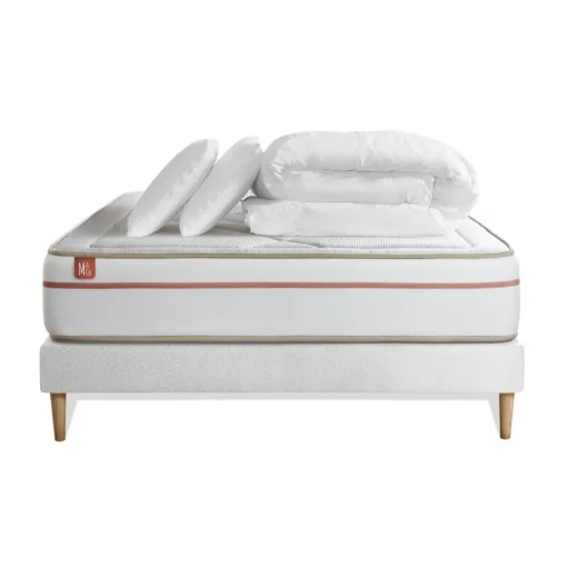 Pack prêt a dormir matelas LE PAISIBLE Memoire de forme BioVisco sommier Blanc 2 oreillers couette