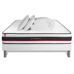Pack prêt a dormir matelas avec sommier kit blanc et 2 oreillers memoire de forme Couette Percale