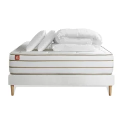 Pack prêt a dormir matelas LE DOUILLET Memoire de forme BioVisco sommier Blanc avec 2 oreillers ,couette