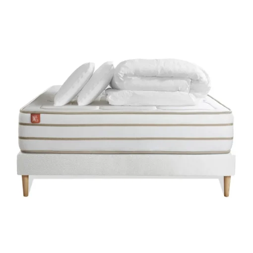 Pack prêt a dormir matelas LE DOUILLET Memoire de forme BioVisco sommier Blanc avec 2 oreillers ,couette