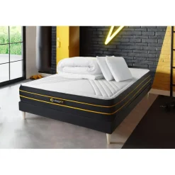 Pack prêt a dormir matelas ULTRA sommier kit noir 2 oreillers memoire de forme et Couette Percale