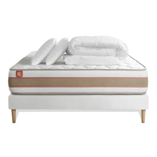 Pack prêt a dormir matelas LE DÉLICAT Ressorts ensaches et Memoire de forme sommier Blanc avec 2 oreillers couette