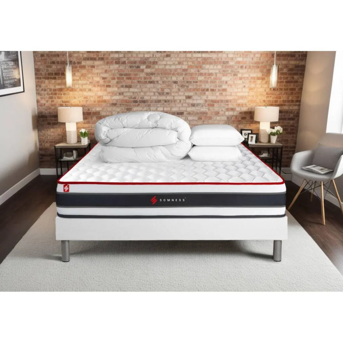 Pack prêt a dormir matelas ressorts ensaches et memoire de forme sommier kit blanc Couette 2 oreillers