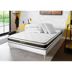 Pack sommier matelas SOFT 2 oreillers memoire de forme Couette Percale Blanc