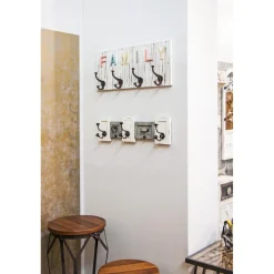 Patère murale avec 4 crochets en Bois massif optique Vintage Blanc