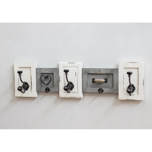 Patère murale avec 4 crochets en Bois massif optique Vintage Blanc