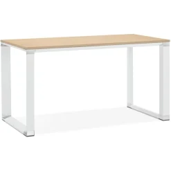 Petit bureau droit design 'XLINE' en bois finition naturelle et métal blanc