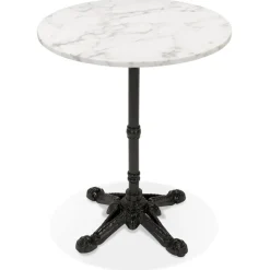 Petite table bistrot ronde 'MARAY' style rustique en pierre blanche effet marbre et métal noir