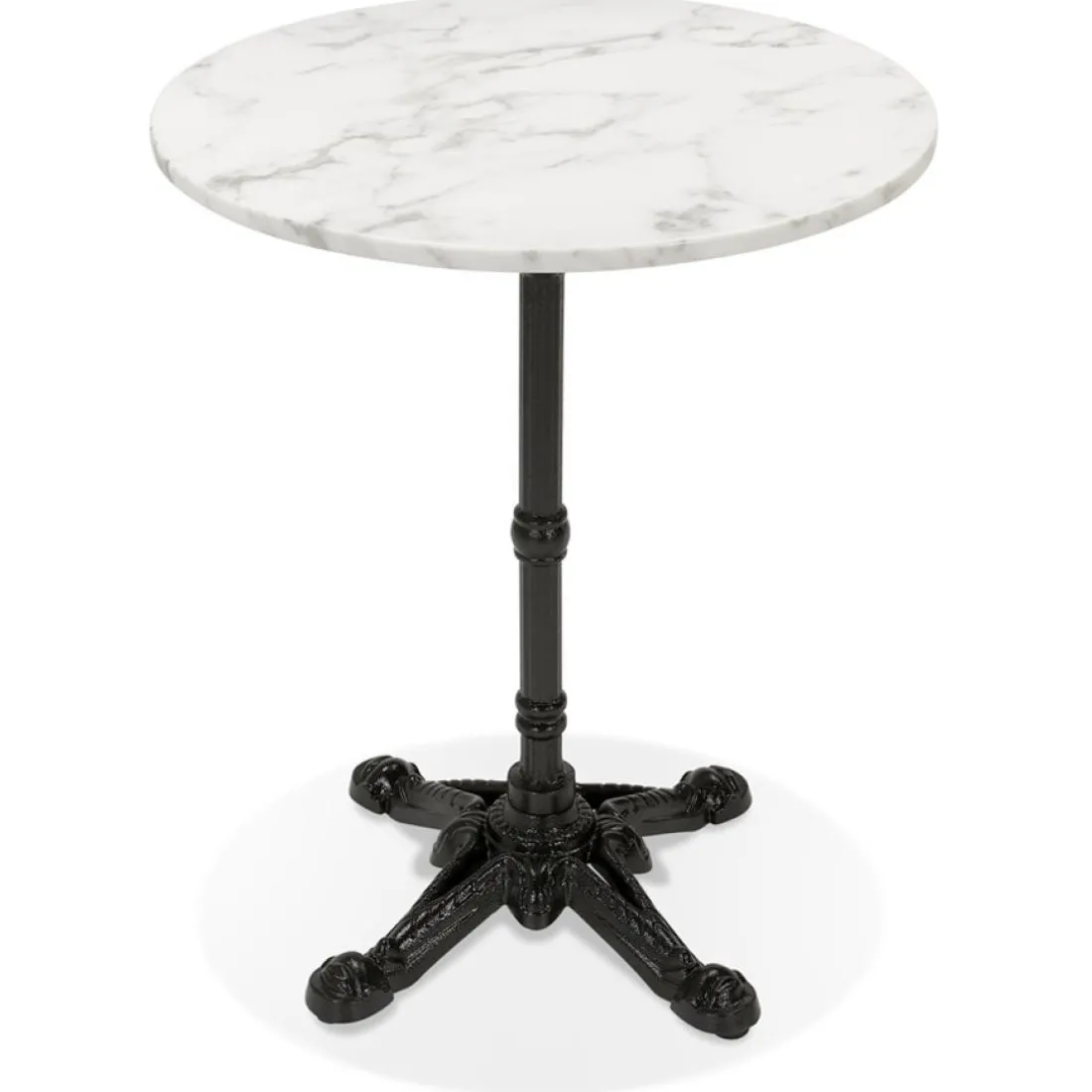 Petite table bistrot ronde 'MARAY' style rustique en pierre blanche effet marbre et métal noir