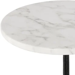 Petite table bistrot ronde 'MARAY' style rustique en pierre blanche effet marbre et métal noir