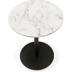 Petite table bistrot ronde 'TOMY' en pierre blanche effet marbre et métal noir