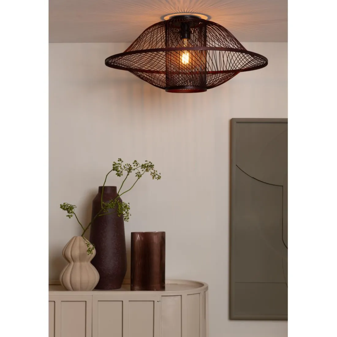 Plafonnier Maui bambou abat-jour bordeaux