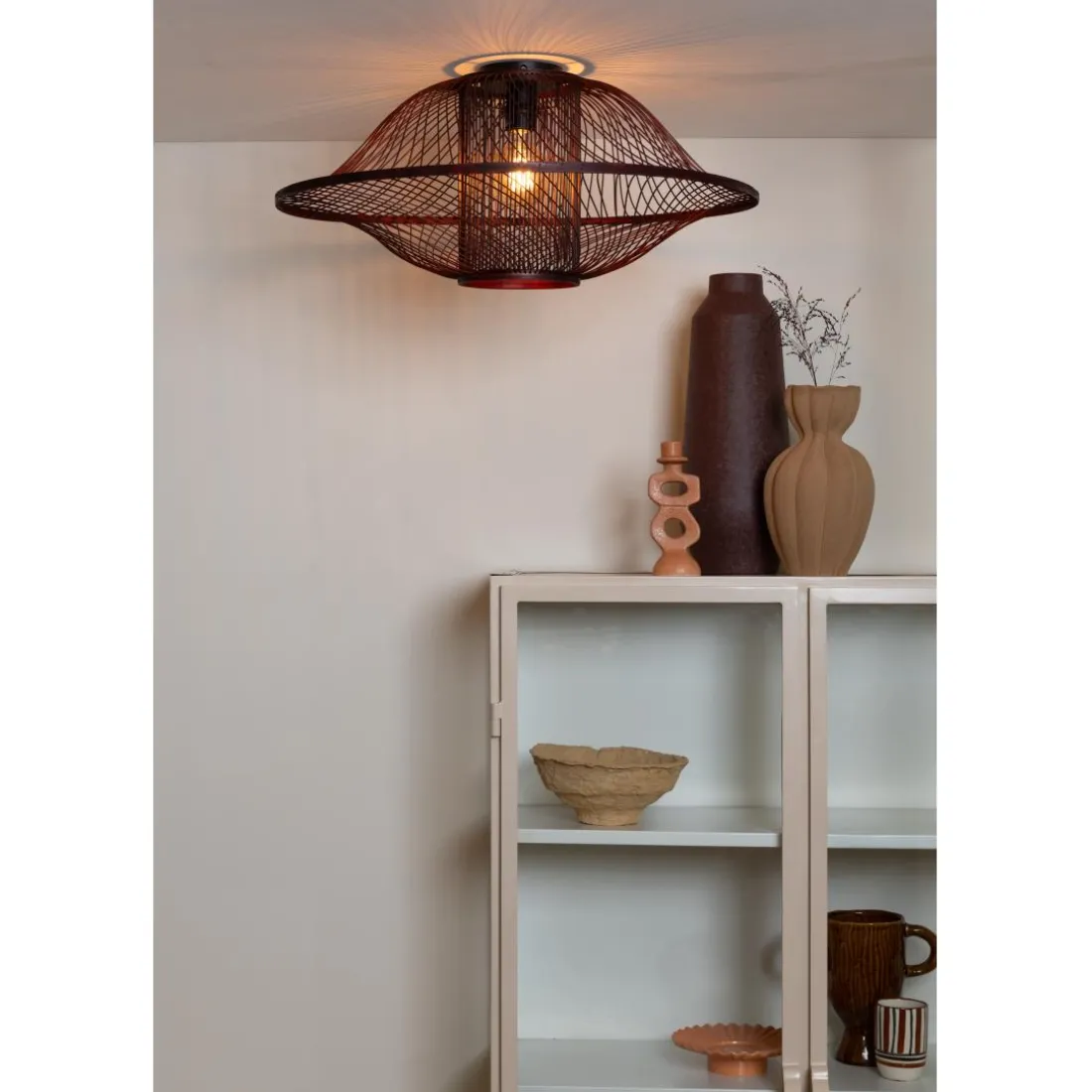 Plafonnier Maui bambou abat-jour bordeaux