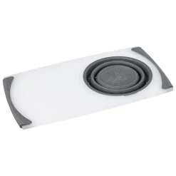 Planche à découper avec passoir retractable en plastique et silicone