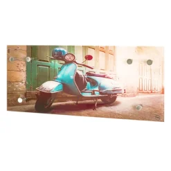 Portant à vetement mural en verre trempé avec motif scooter imprimé et 6 crochets en optique inox