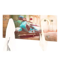 Portant à vetement mural en verre trempé avec motif scooter imprimé et 6 crochets en optique inox